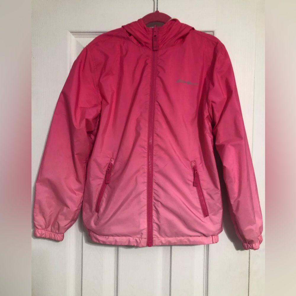 Eddie Bauer reversible pink ombré spring hooded jacket girls size small 7/8